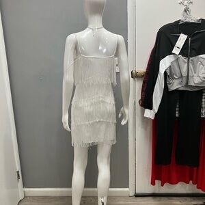 White Fringe Mini Slip Dress with Spaghetti Straps